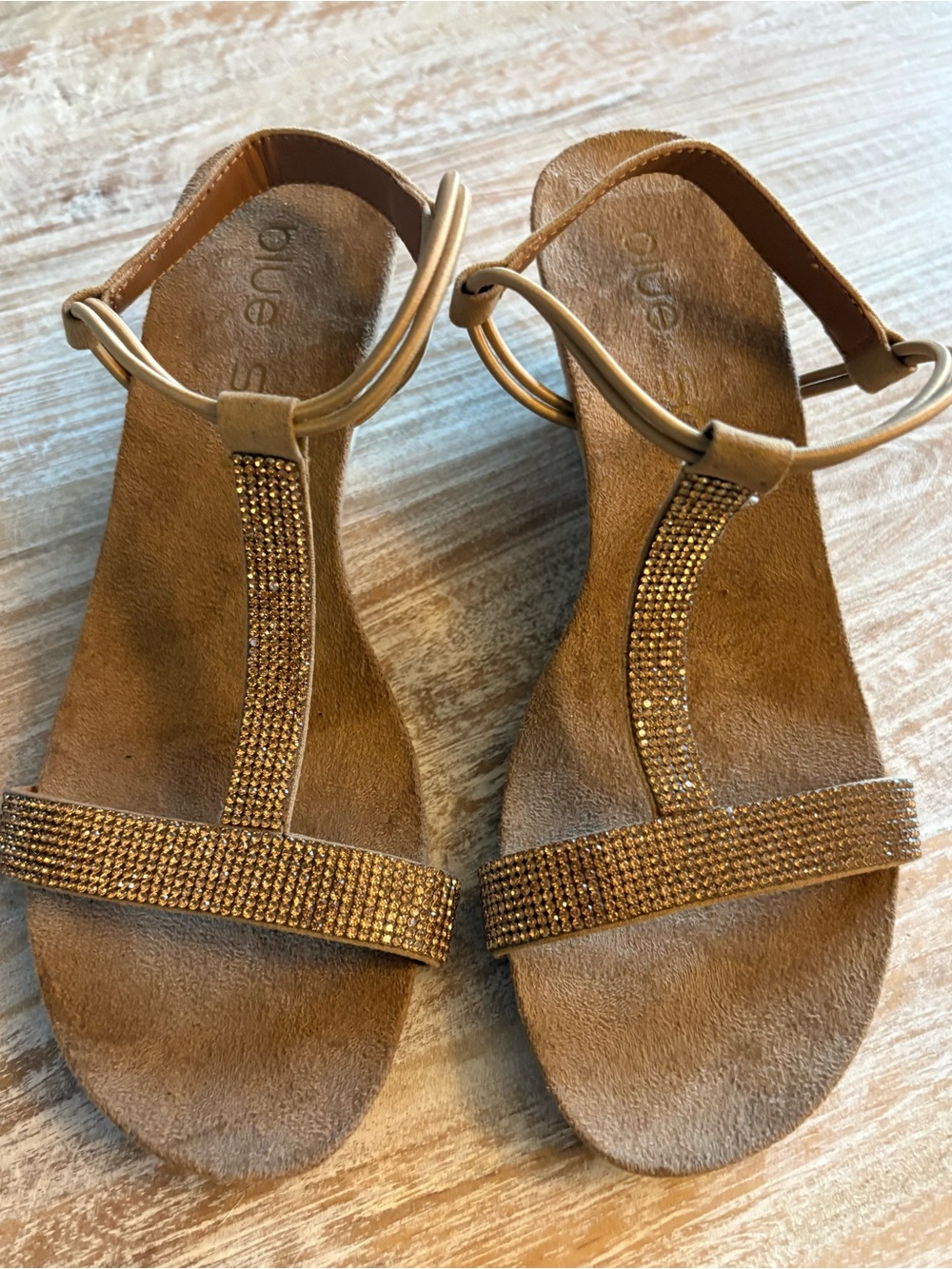 Blue Sol Millie Rhinestone T-Strap Wedge Sandal Comfort Elastic Slingback Gold